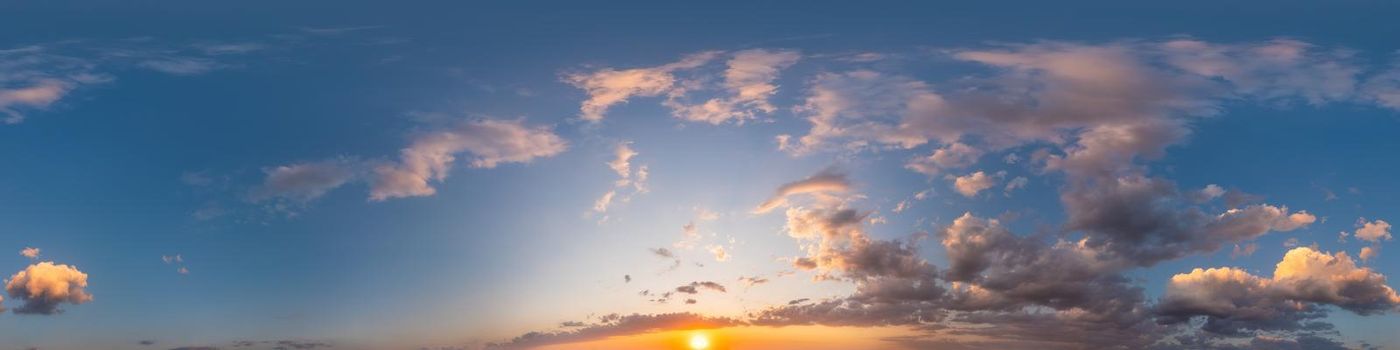 Dark blue sunset sky panorama with pink Cumulus clouds. Seamless hdr 360 pano in spherical equirectangular format. Full zenith for 3D visualization, game, sky replacement for aerial drone panoramas