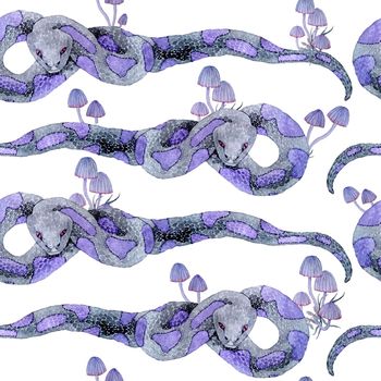 Watercolor hand drawn seamless pattern with snake purple witch forest herbs, leaves. Spooky horror witchcraft Halloween background. Wood mystic print