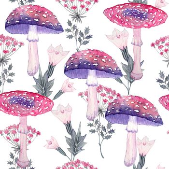 Watercolor hand drawn seamless pattern with amanita mushroom purple witch forest herbs, leaves. Spooky horror witchcraft Halloween background. Wood mystic print