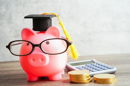 Pigging bank wearing eyeglass with coins and calculator; saving bank education concept.
