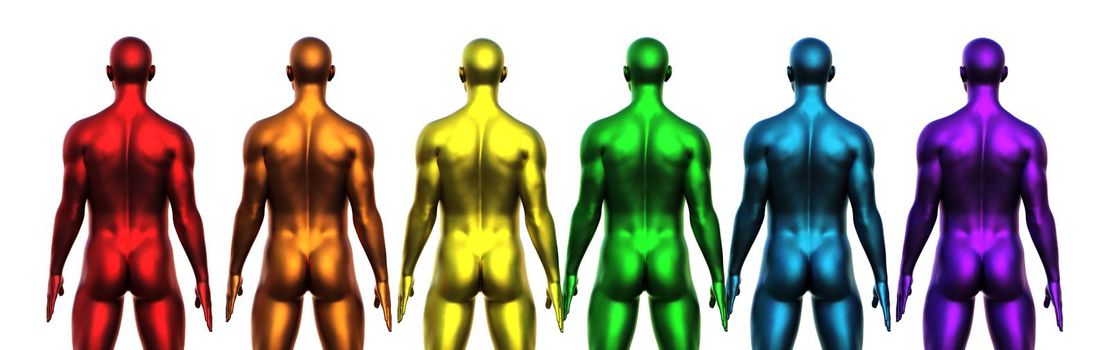 3D render. Row of naked multicolored men stand with their backs against a white background