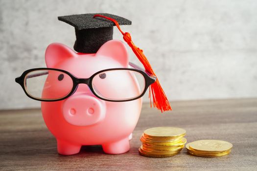 Pigging bank wearing eyeglass with coins and calculator saving bank education concept.
