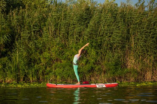 Young woman are doing yoga on a stand up paddle board SUP on a beautiful lake or river. The concept of a healthy lifestyle. Sport. Yoga. Hobby