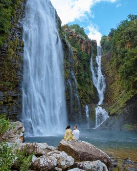 Panorama Route South Africa, Lisbon Falls South Africa, Lisbon Falls is the highest waterfall in Mpumalanga, South Africa. Asian women and caucasian men on vacation in South Africa