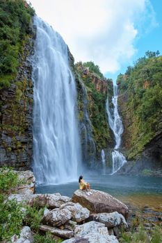 Panorama Route South Africa, Lisbon Falls South Africa, Lisbon Falls is the highest waterfall in Mpumalanga, South Africa. Asian women on vacation in South Africa