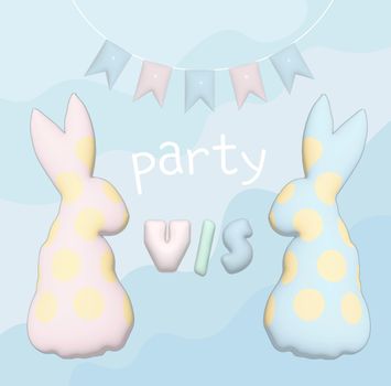 Baby shower poster. Boy or girl. Gentle colors. Blue and pink. Bunnies and flags for a baby shower party.
