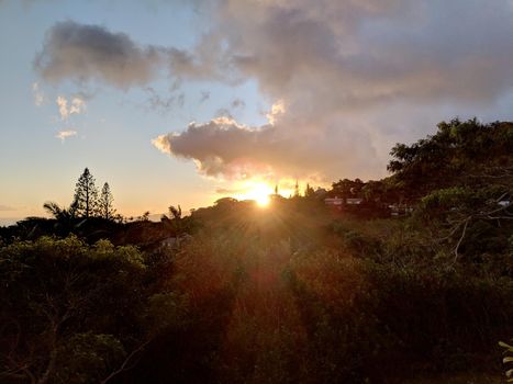 Sunset behind the Tantalus mountain past tropical silhouette of trees through the clouds on Oahu, Hawaii.