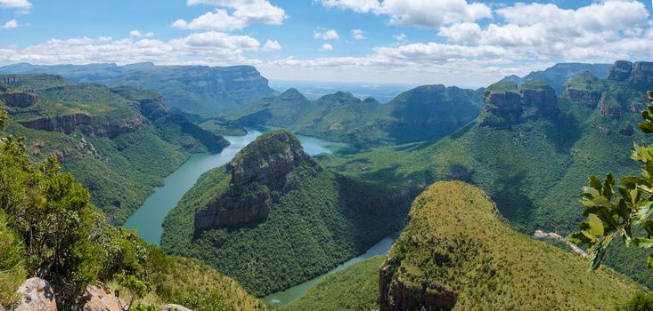 Panorama Route South Africa, Blyde river canyon with the three rondavels, impressive view of three rondavels and the Blyde river canyon in South Africa.