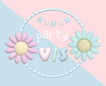 Baby shower poster. Boy or girl. Gentle colors. Blue and pink. flowers and flags for baby shower. gender