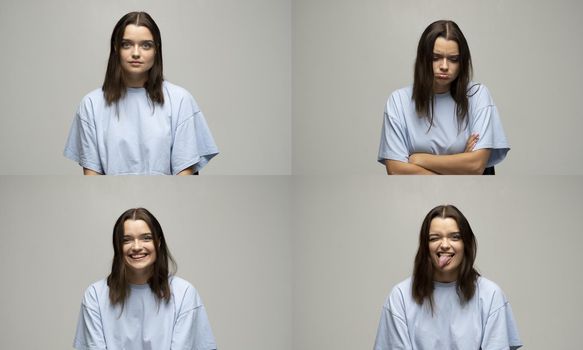 Collage with four different emotions in one young brunette woman in blue t-shirt on white background. Set of young woman's portraits with different emotions