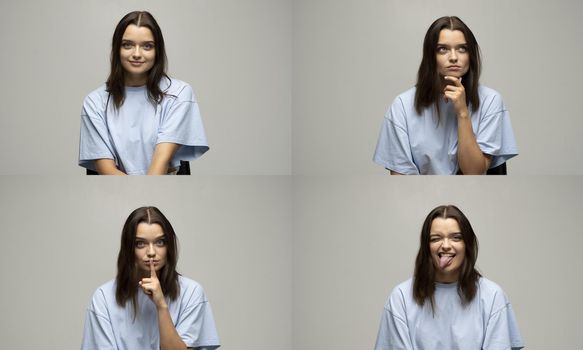 Set of young woman's portraits in blue t-shirt with different happy and sad emotions. Collage with four different emotions