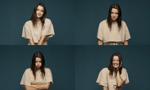 Set of different emotions. Collage with four different emotions in one young brunette woman in beige t-shirt on blue background