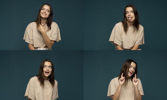 Set of young woman's portraits with different happy and sad emotions. Collage with four different emotions