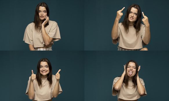 Collage with four different emotions in one young brunette woman in beige t-shirt on blue background. Set of young woman's portraits with different emotions