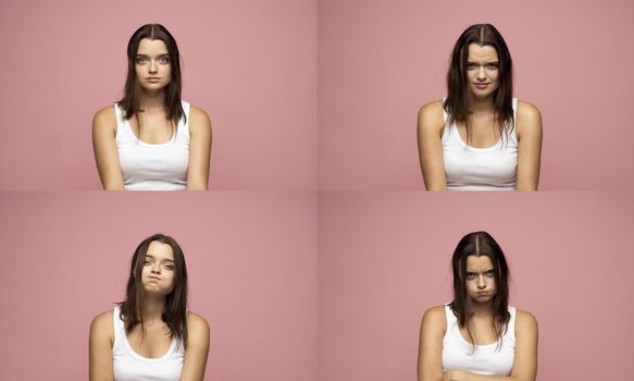 Collage with four different emotions in one young brunette woman in white t-shirt on pink background. Set of young woman's portraits with different emotions