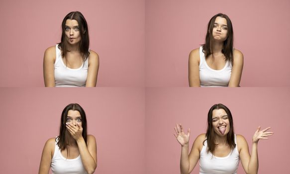 Set of young brunette woman's portraits in a white t-shirt with different happy and sad emotions. Collage with four different emotions