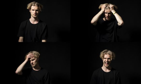 Set of young man posing with many different facial expressions on black background. Collage with emotions