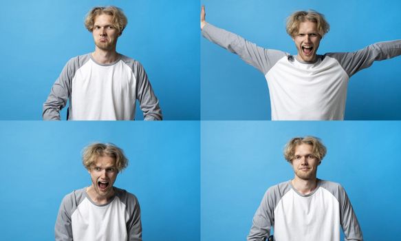 Collage with four different emotions in one young man in long sleeve t-shirt on blue background. Set of young guys portraits with different emotions