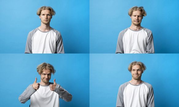 Set of young man's portraits with different happy and sad emotions. Collage with four different emotions