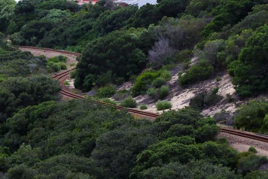 Railway tracks bend on lush overgrown coastal dunes, Mossel Bay, South Africa