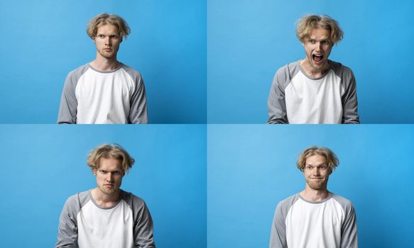 Set of different emotions. Collage with four different emotions in one young man in long sleeve t-shirt on blue background