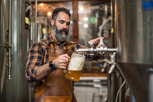 Brewery master tasting beer in production facility. Small family business, production of craft beer.