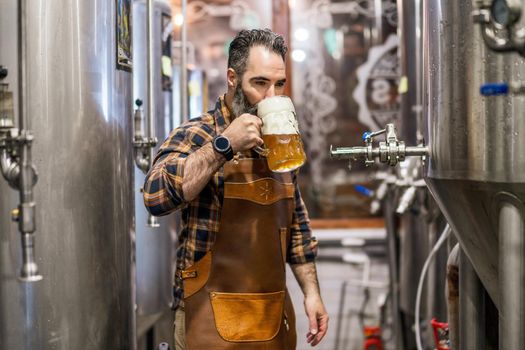 Bearded brewery master tasting beer in production facility. Small family business, production of craft beer.