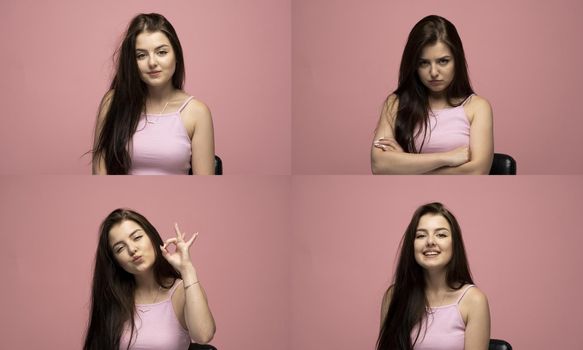 Collage photo with four different happy and sad emotions in one young brunette woman in pink t-shirt on pink background. Set of young woman's portraits with different emotions