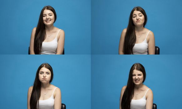 Set of young girl posing with many different facial expressions on blue background. Collage with emotions