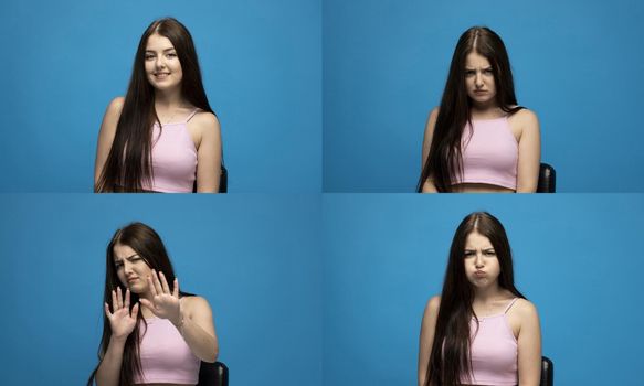 Set of young woman's in a pink t-shirt portraits with different happy and sad emotions on blue wall. Collage with four different emotions