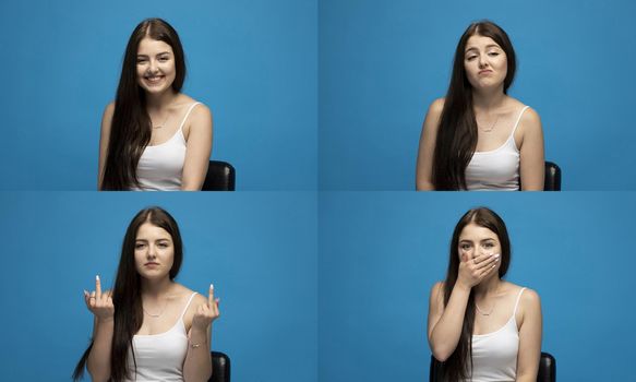 Set of young woman's portraits with different happy and sad emotions. Collage with four different emotions