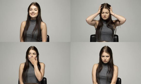 Set of young woman's in a pink t-shirt portraits with different happy and sad emotions on blue wall. Collage with four different emotions