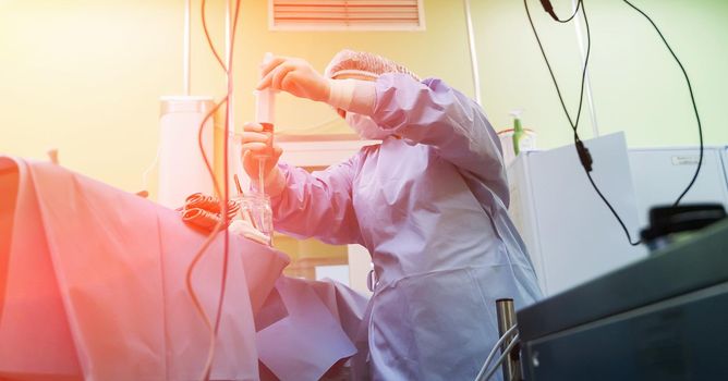 The Ross operation is the surgical treatment of aortic valve defects. The nurse draws medicine into a syringe.