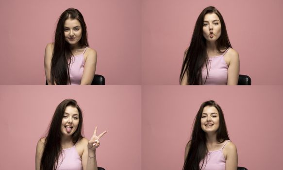 Set of young girl posing with many different facial expressions on pink background. Collage with emotions