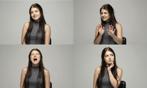 Set of young woman's portraits with different happy and sad emotions. Collage with four different emotions