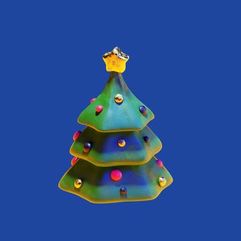 New Year tree and gift boxes under night snow. Christmas clay pop illustration. Clipping path included. 3d render template for holiday poster.