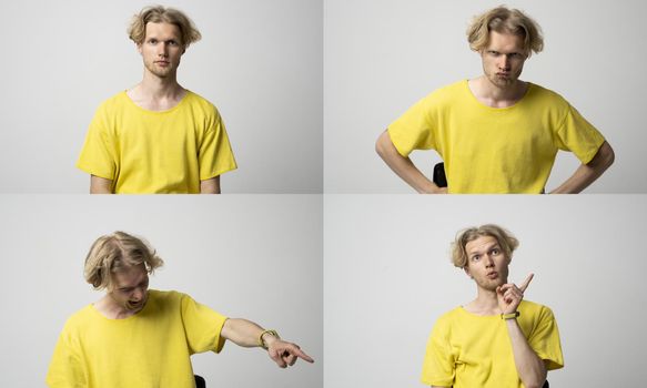 Collage with four different emotions in one young man in yellow t-shirt on white background. Set of young guy's portraits with different emotions