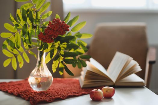 autumn still life with a rowan branch in a vase and a book and apples in a cozy home interior
