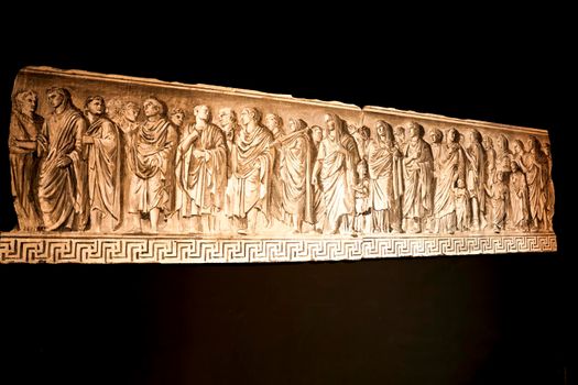Cartagena, Murcia, Spain- July 17, 2022: Fragments of decorated cornices showed at Augusteum Museum in Cartagena, Spain