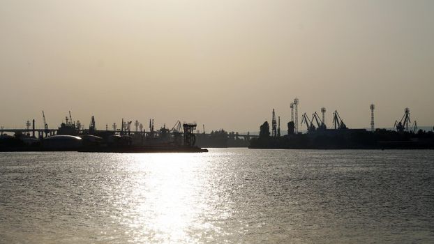 Sea port of Varna Bulgaria at sunset, cityscape.