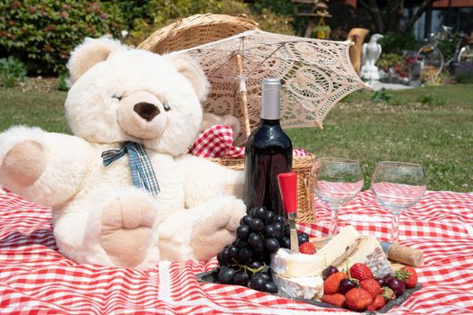 summer picnic on a green lawn with red wine, cheese and fresh berries, grapes, cherries, strawberries, summer vacation. High quality photo