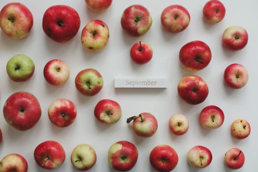 hello autumn card with fresh red apples on white background top view.