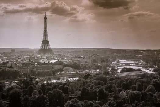 Eiffel tower view from Montparnasse at dramatic sunset from above, Paris, France