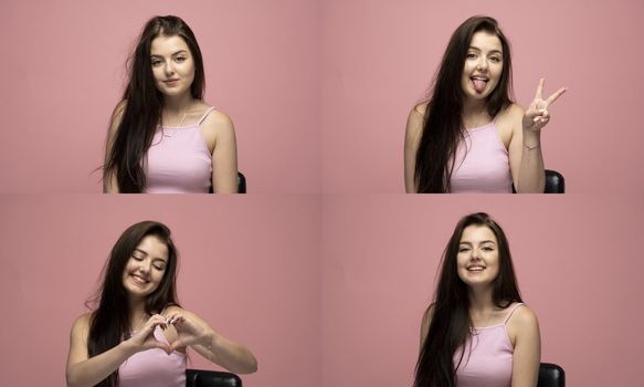 Set of different emotions. Collage with four different emotions in one young brunette woman in pink t-shirt on pink background