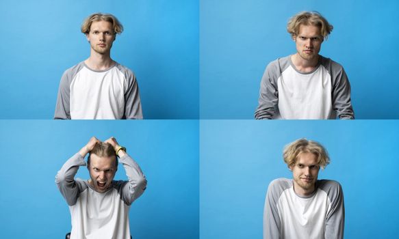 Set of young man posing with many different facial expressions on blue background. Collage with emotions