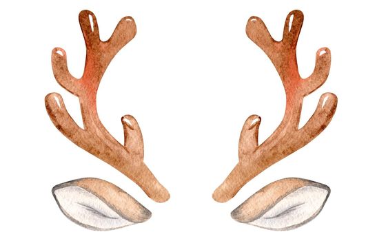 watercolor brown deer antler isolated on white background. Animal kids costume