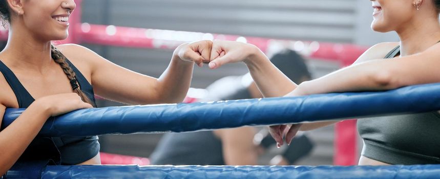 Closeup of happy women showing support, motivation and unity with fist bump at the gym or fitness club together. Two female boxers expressing success, teamwork and standing united at a sports center.