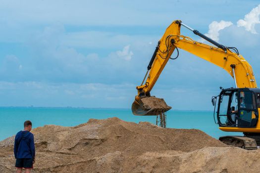 Sea excavator demolition building demolishing machine machinery industry heavy excavation, for dust work in formation for extraction black, dig abandoned. Rock ore fuel,