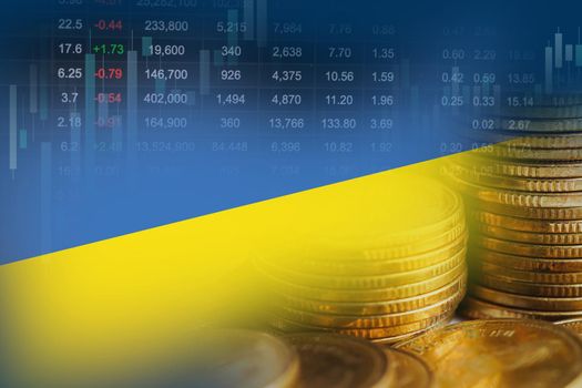 Ukraine flag with stock market finance, economy trend graph digital technology.
