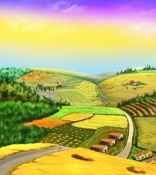 Farm agricultural fields on a sunny morning. Digital Painting Background, Illustration.